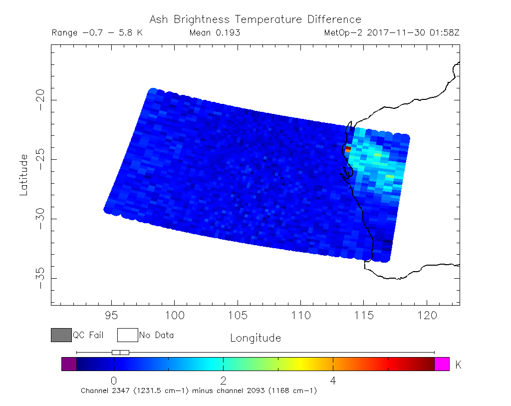 Ash Brightness Temperature Difference 2017-11-30 01:58Z