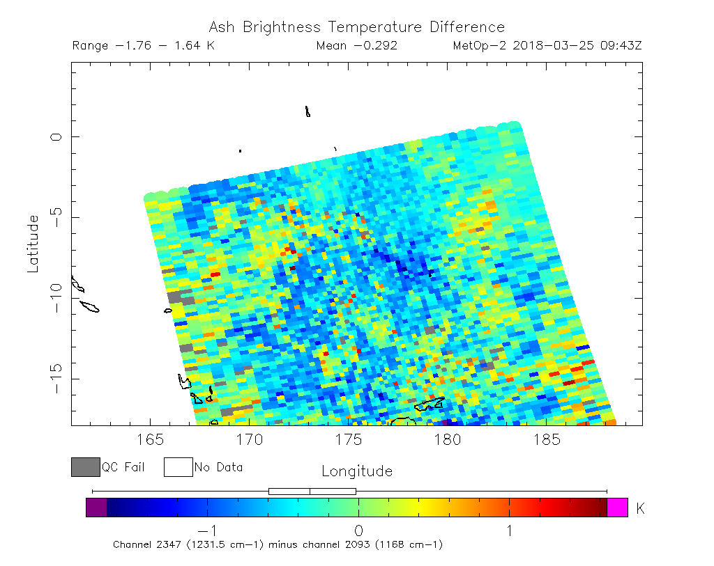 Ash Brightness Temperature Difference 2018-03-25 09:43Z