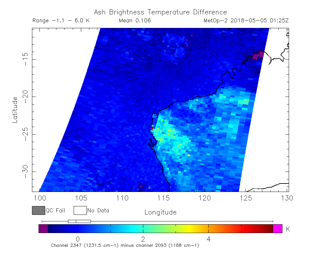 Ash Brightness Temperature Difference 2018-05-05 01:25Z