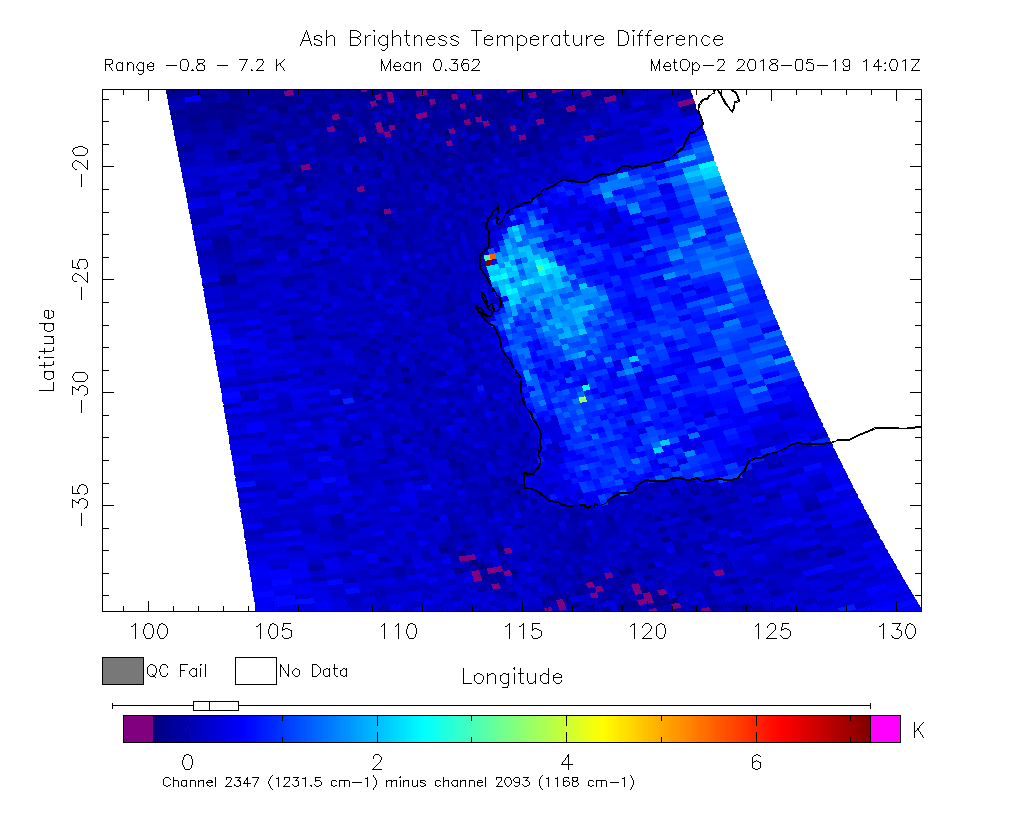 Ash Brightness Temperature Difference 2018-05-19 14:01Z