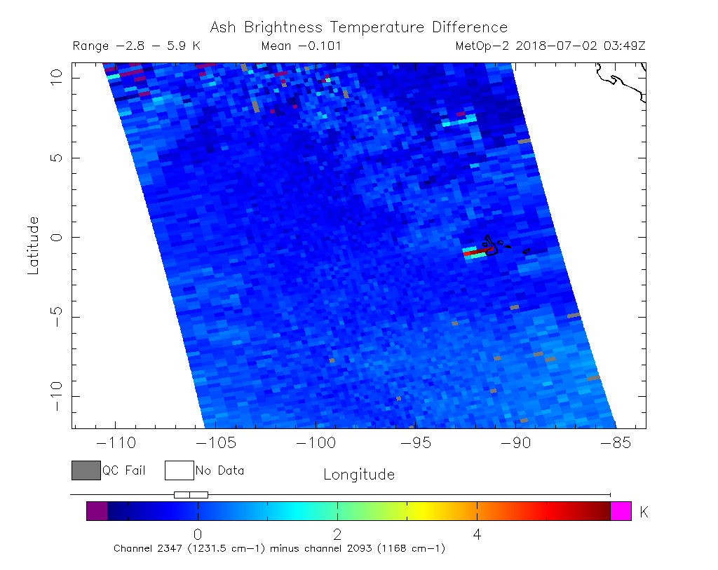 Ash Brightness Temperature Difference 2018-07-02 03:49Z