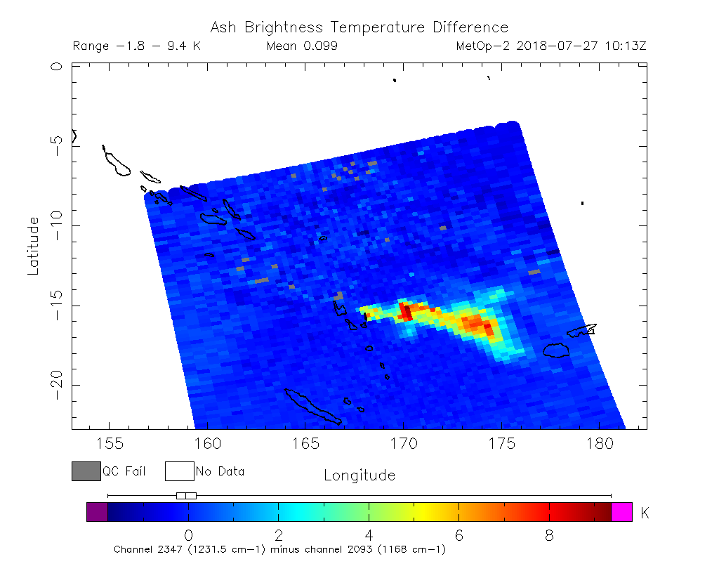 Ash Brightness Temperature Difference 2018-07-27 10:13Z
