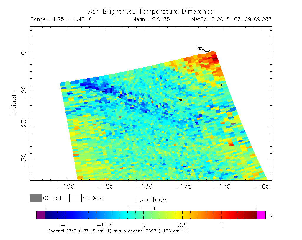 Ash Brightness Temperature Difference 2018-07-29 09:28Z