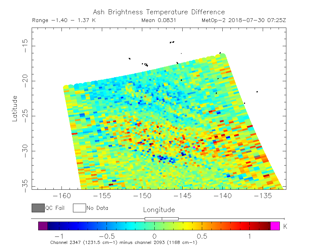 Ash Brightness Temperature Difference 2018-07-30 07:25Z