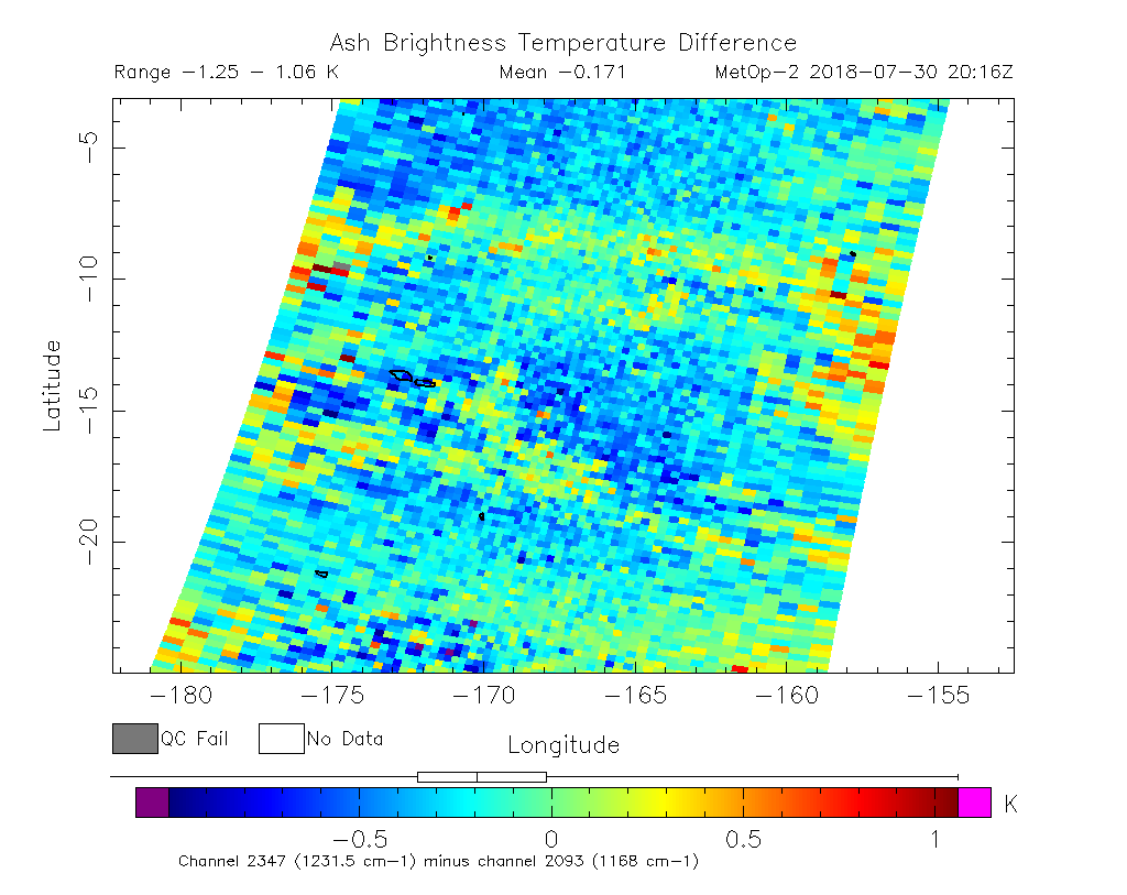 Ash Brightness Temperature Difference 2018-07-30 20:16Z