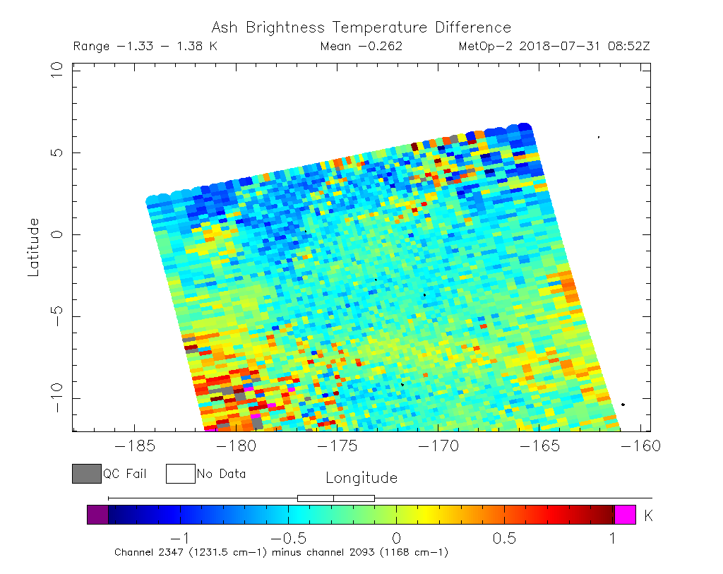 Ash Brightness Temperature Difference 2018-07-31 08:52Z