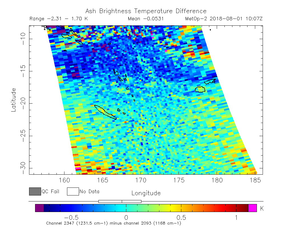 Ash Brightness Temperature Difference 2018-08-01 10:07Z
