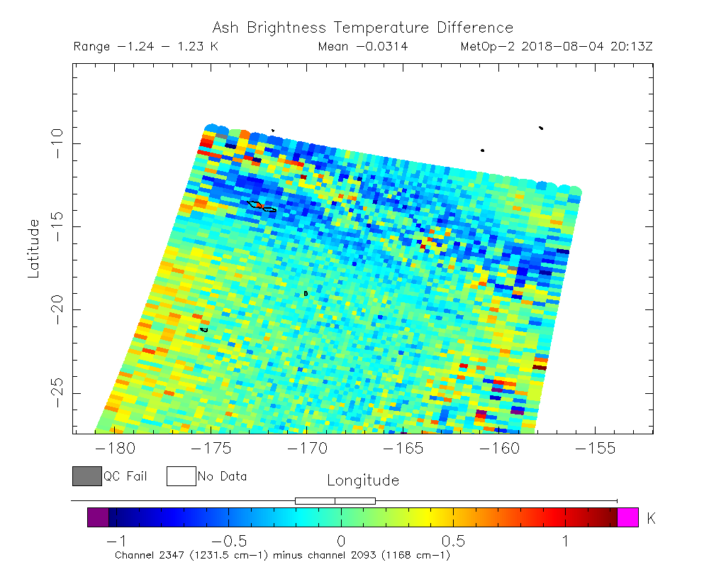 Ash Brightness Temperature Difference 2018-08-04 20:13Z
