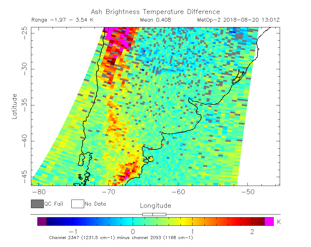 Ash Brightness Temperature Difference 2018-08-20 13:01Z