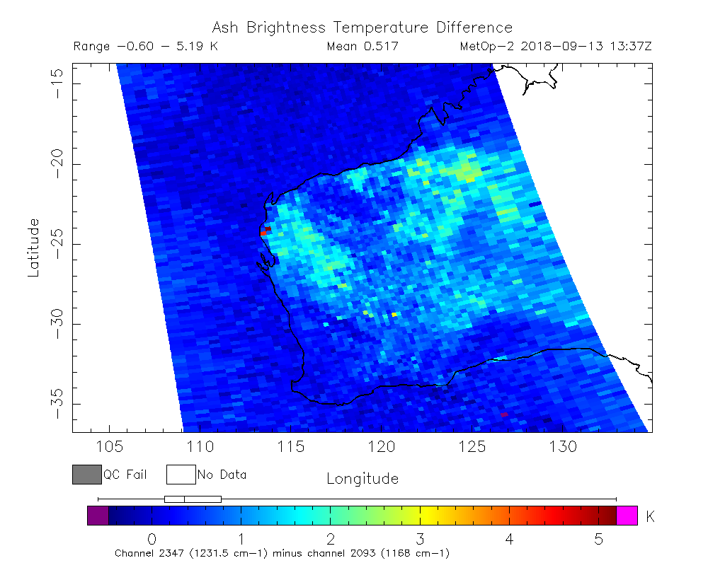 Ash Brightness Temperature Difference 2018-09-13 13:37Z