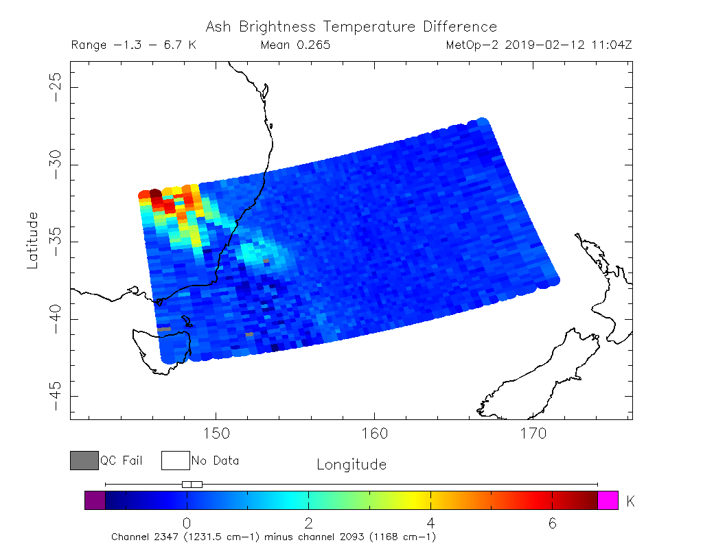 Ash Brightness Temperature Difference 2019-02-12 11:04Z