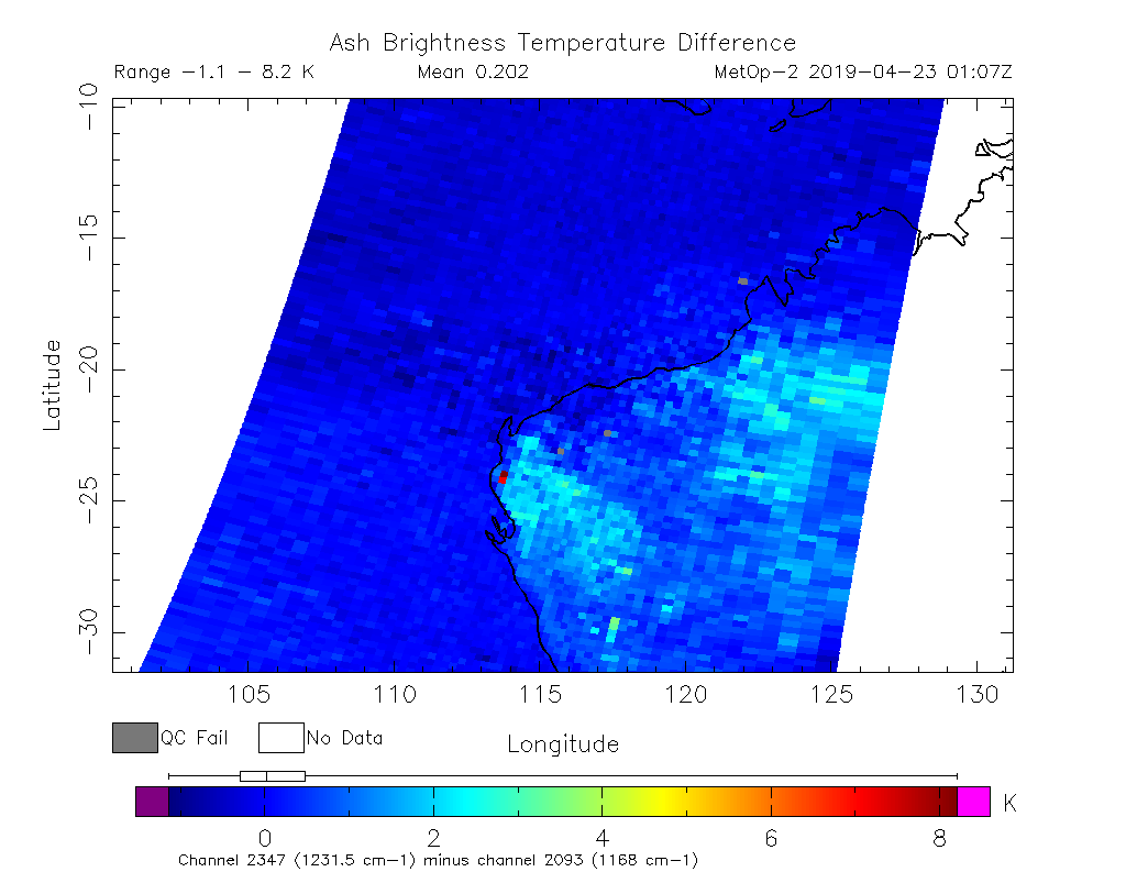 Ash Brightness Temperature Difference 2019-04-23 01:07Z