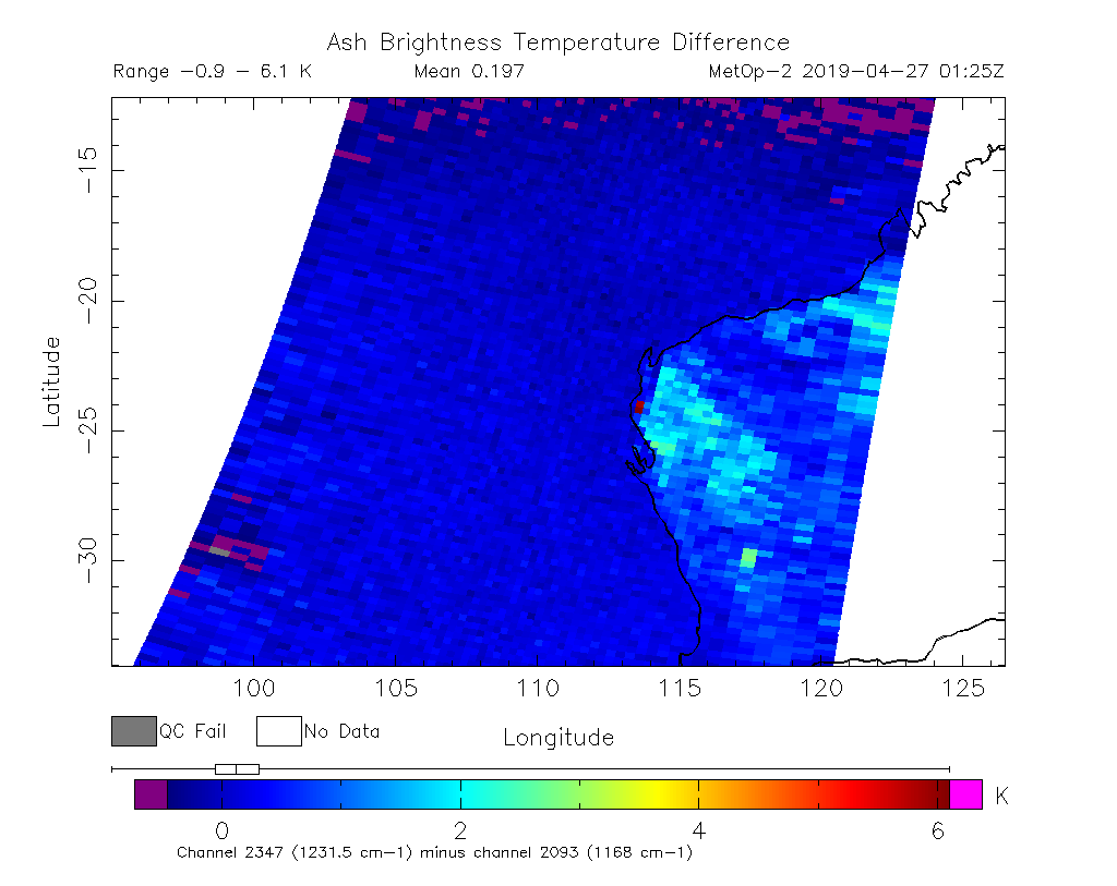 Ash Brightness Temperature Difference 2019-04-27 01:25Z