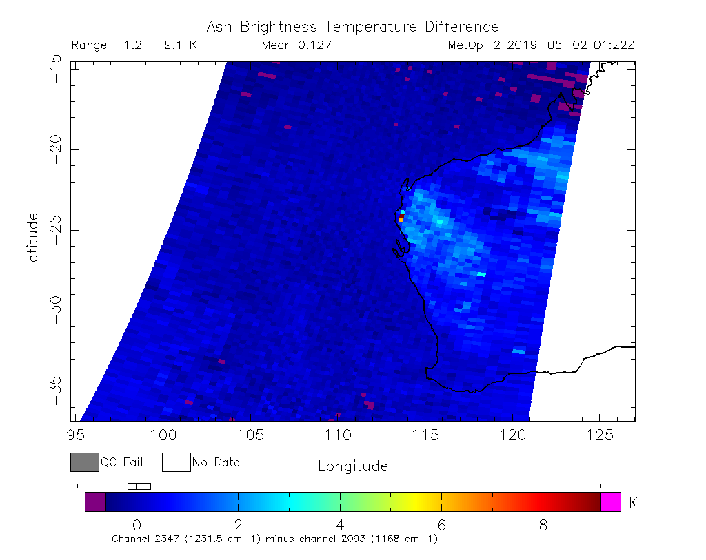 Ash Brightness Temperature Difference 2019-05-02 01:22Z