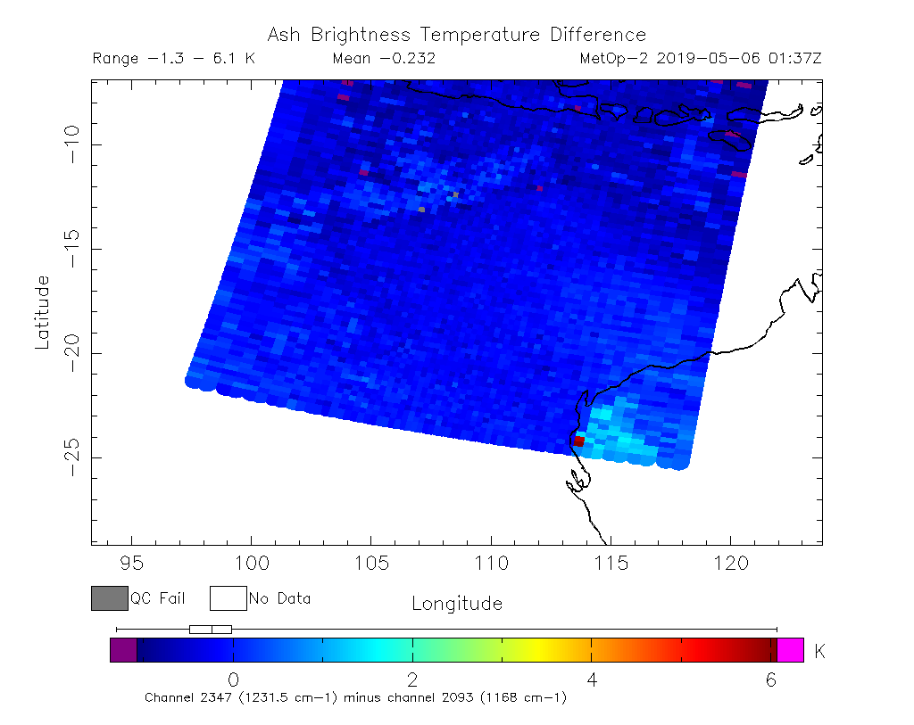 Ash Brightness Temperature Difference 2019-05-06 01:37Z