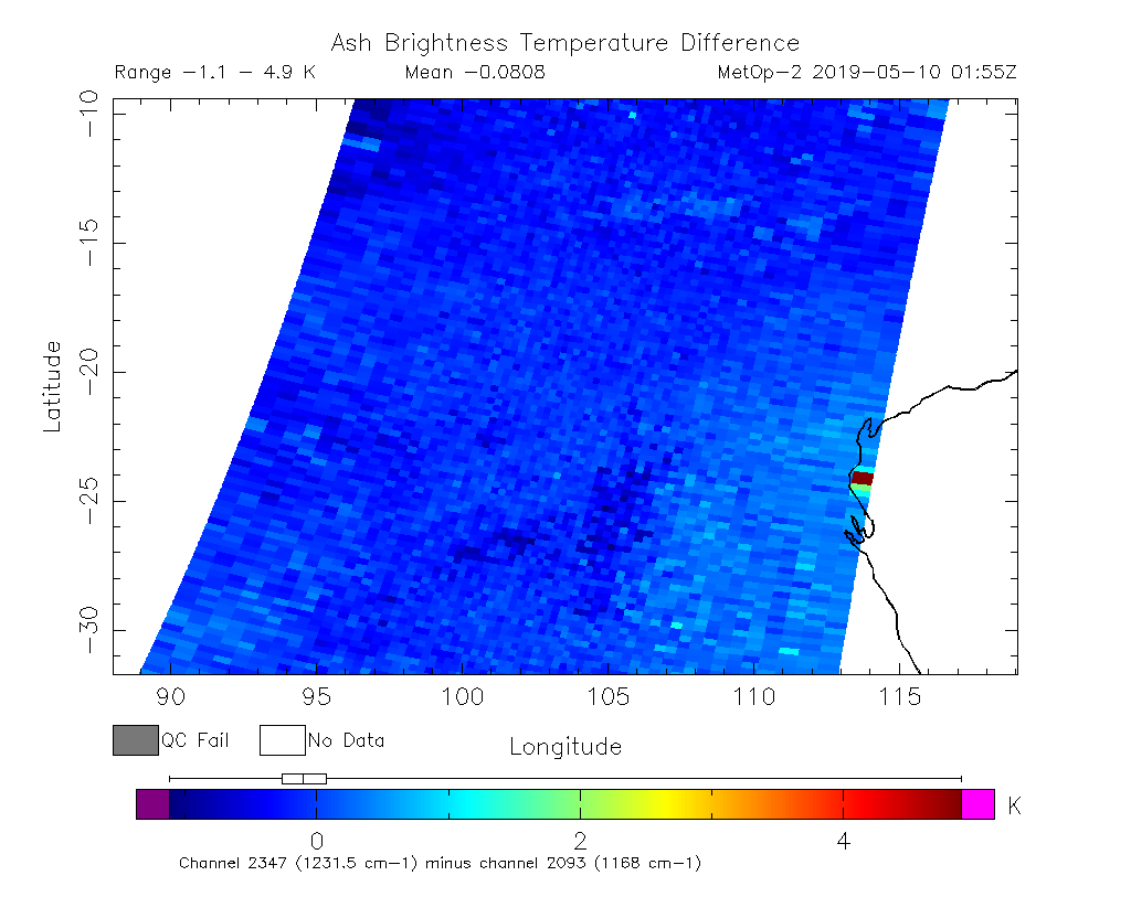 Ash Brightness Temperature Difference 2019-05-10 01:55Z