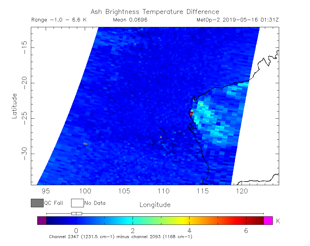Ash Brightness Temperature Difference 2019-05-16 01:31Z