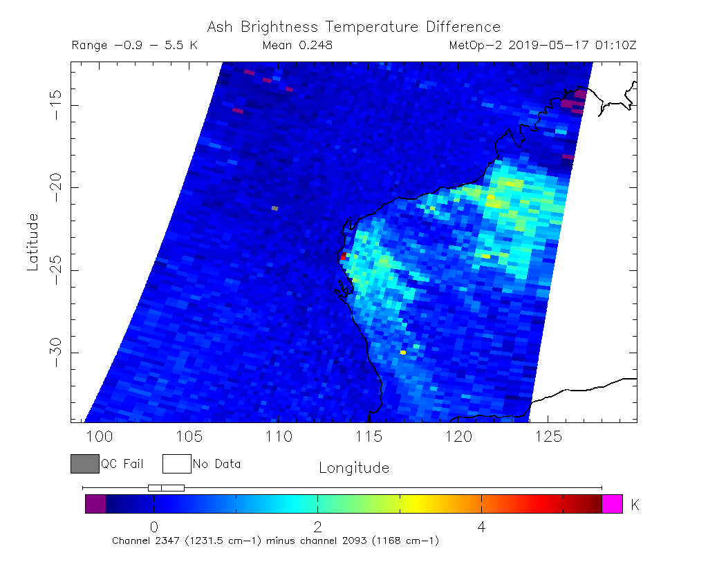 Ash Brightness Temperature Difference 2019-05-17 01:10Z