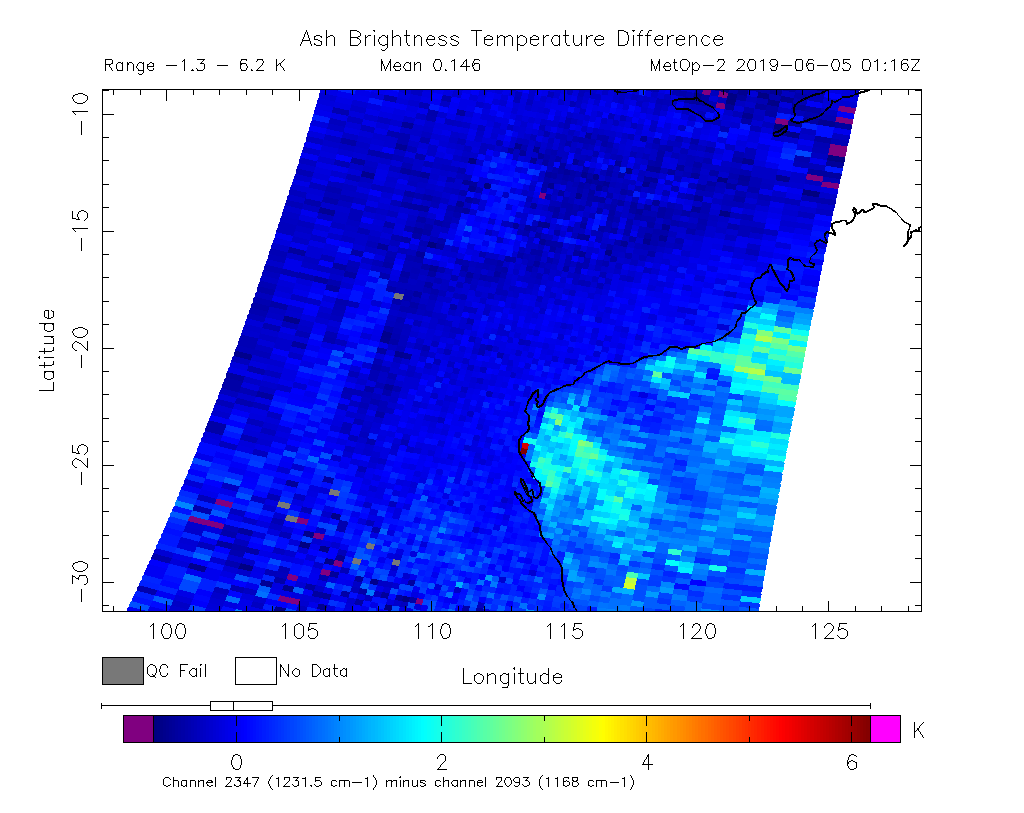 Ash Brightness Temperature Difference 2019-06-05 01:16Z