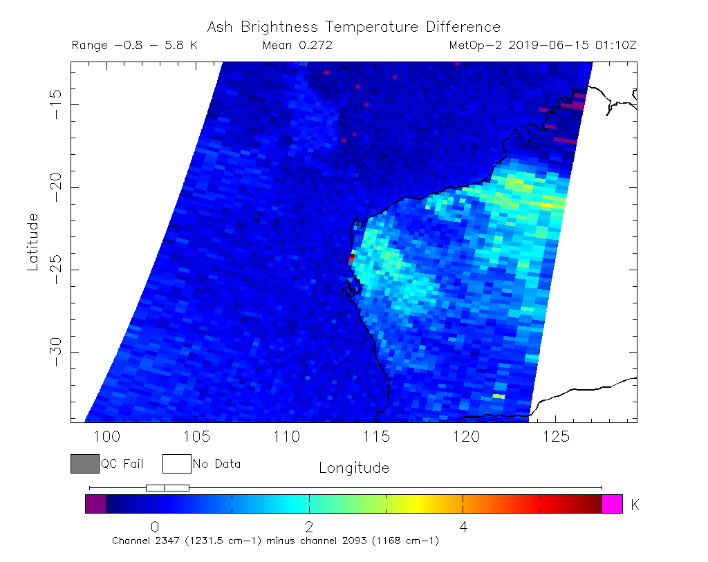 Ash Brightness Temperature Difference 2019-06-15 01:10Z