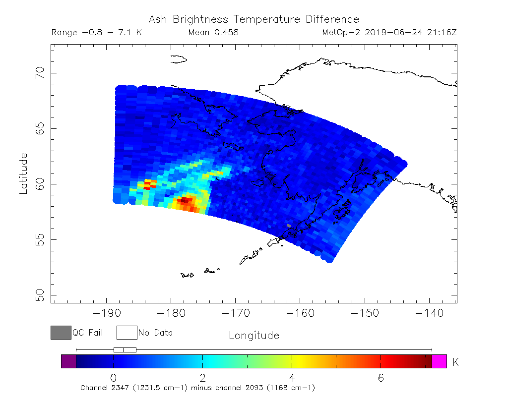 Ash Brightness Temperature Difference 2019-06-24 21:16Z