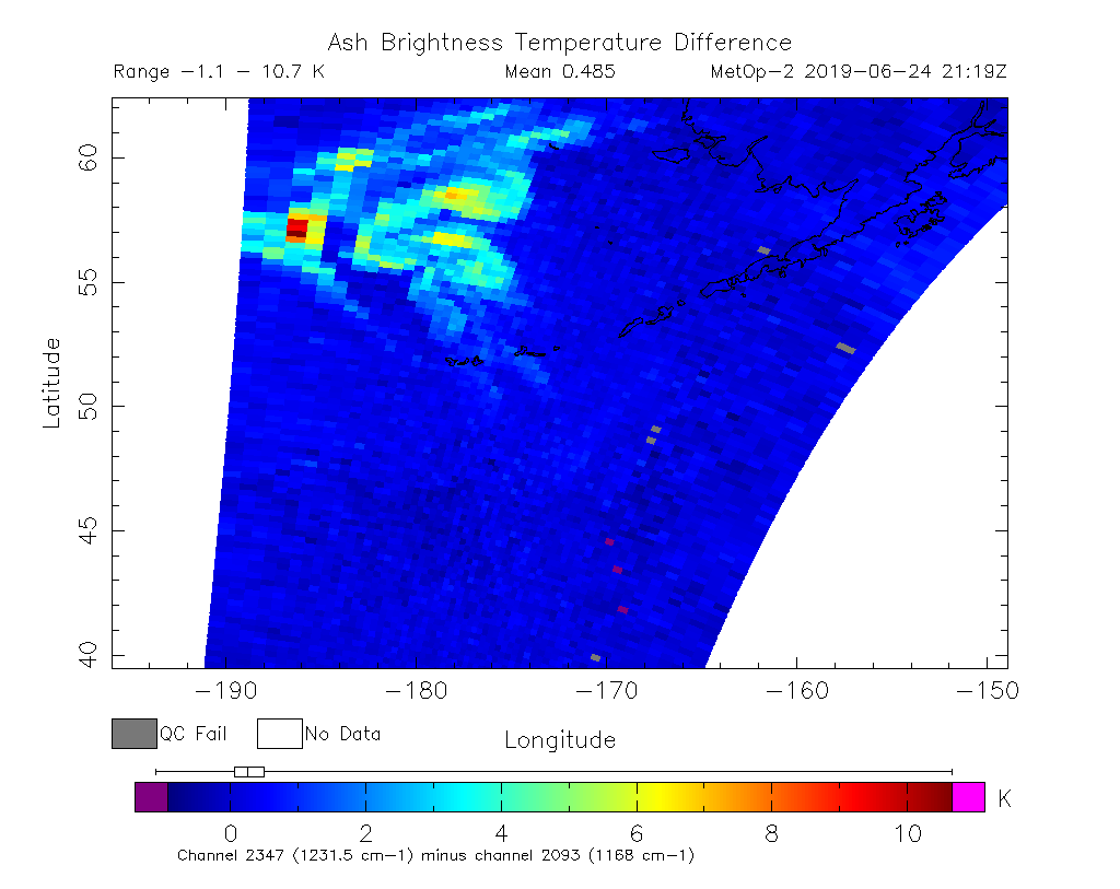 Ash Brightness Temperature Difference 2019-06-24 21:19Z