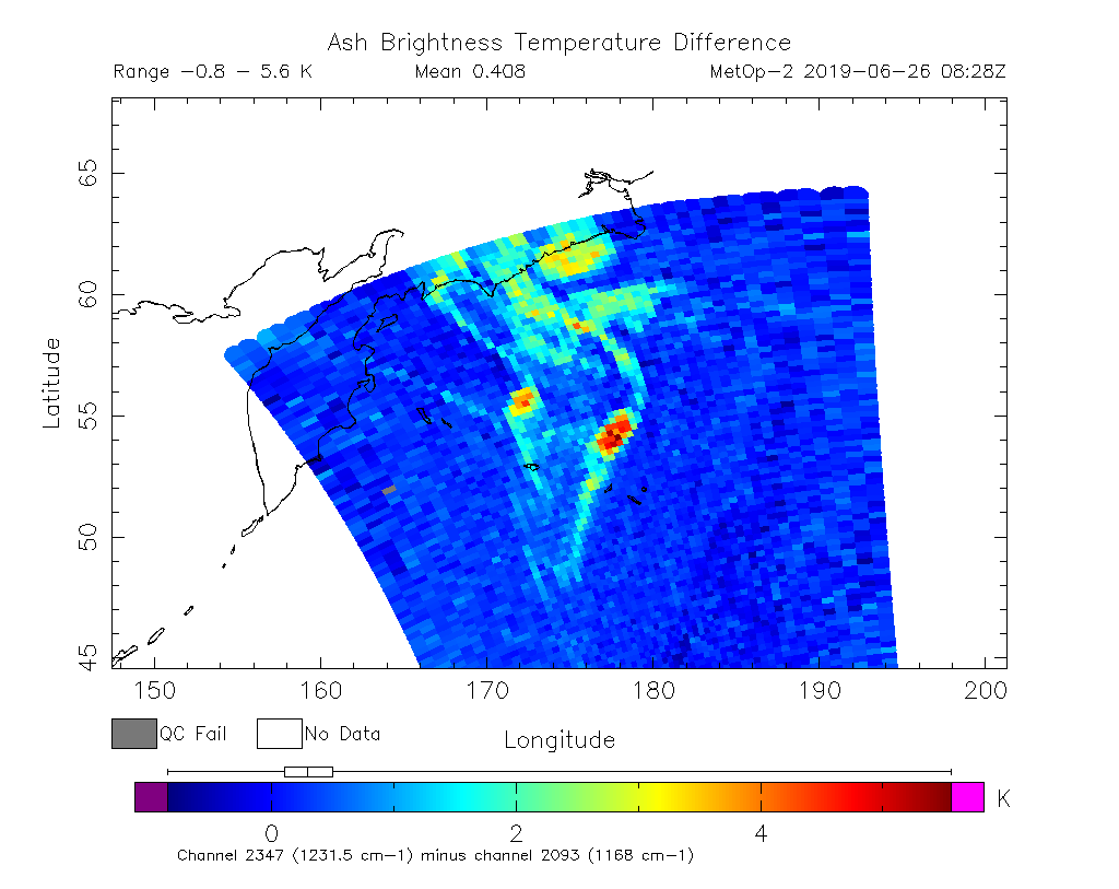 Ash Brightness Temperature Difference 2019-06-26 08:28Z