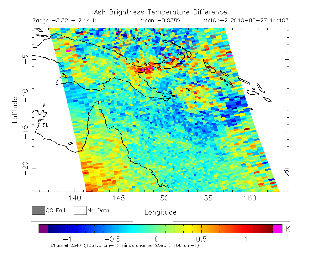 Ash Brightness Temperature Difference 2019-06-27 11:10Z