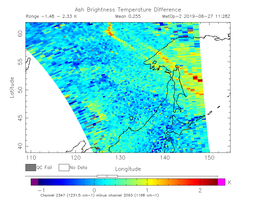 Ash Brightness Temperature Difference 2019-06-27 11:28Z