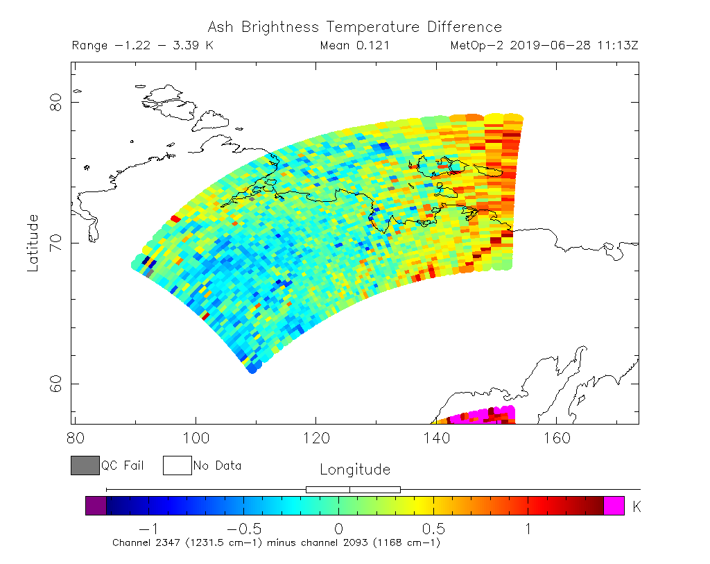 Ash Brightness Temperature Difference 2019-06-28 11:13Z