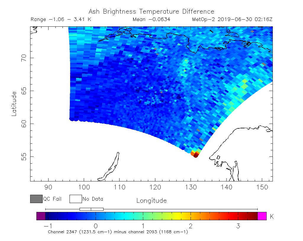 Ash Brightness Temperature Difference 2019-06-30 02:16Z