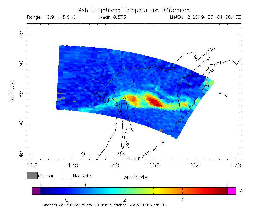 Ash Brightness Temperature Difference 2019-07-01 00:16Z