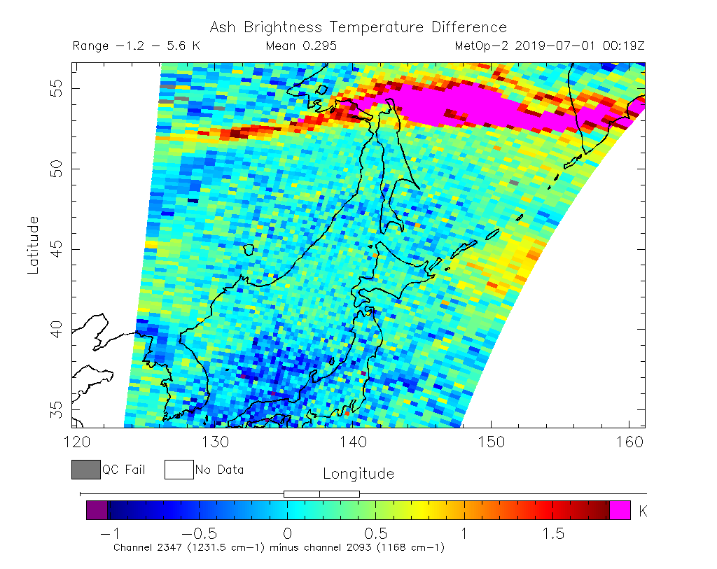 Ash Brightness Temperature Difference 2019-07-01 00:19Z