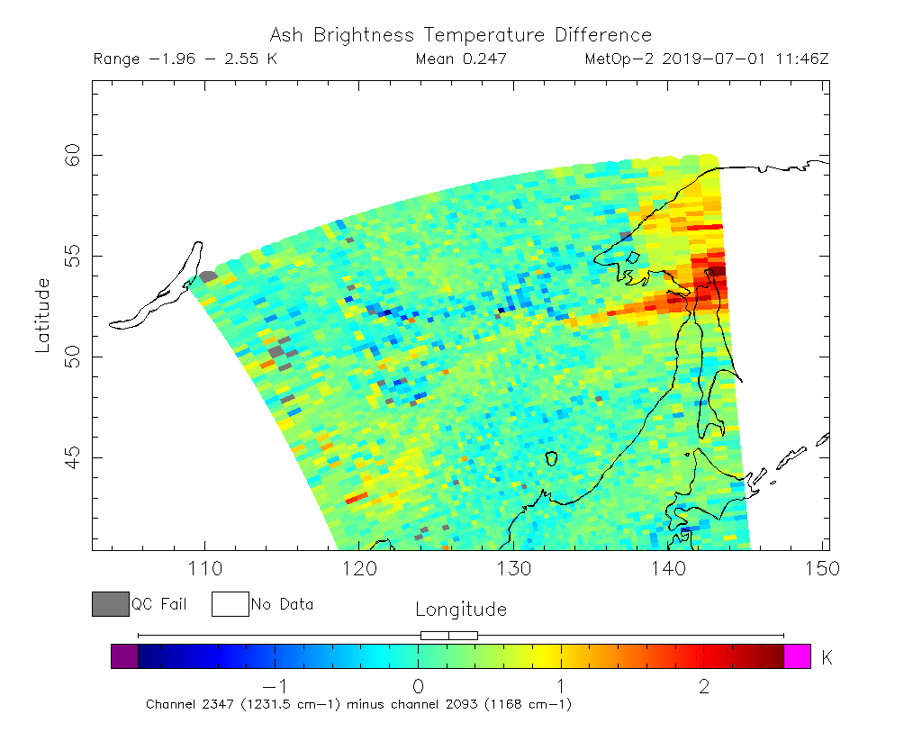 Ash Brightness Temperature Difference 2019-07-01 11:46Z