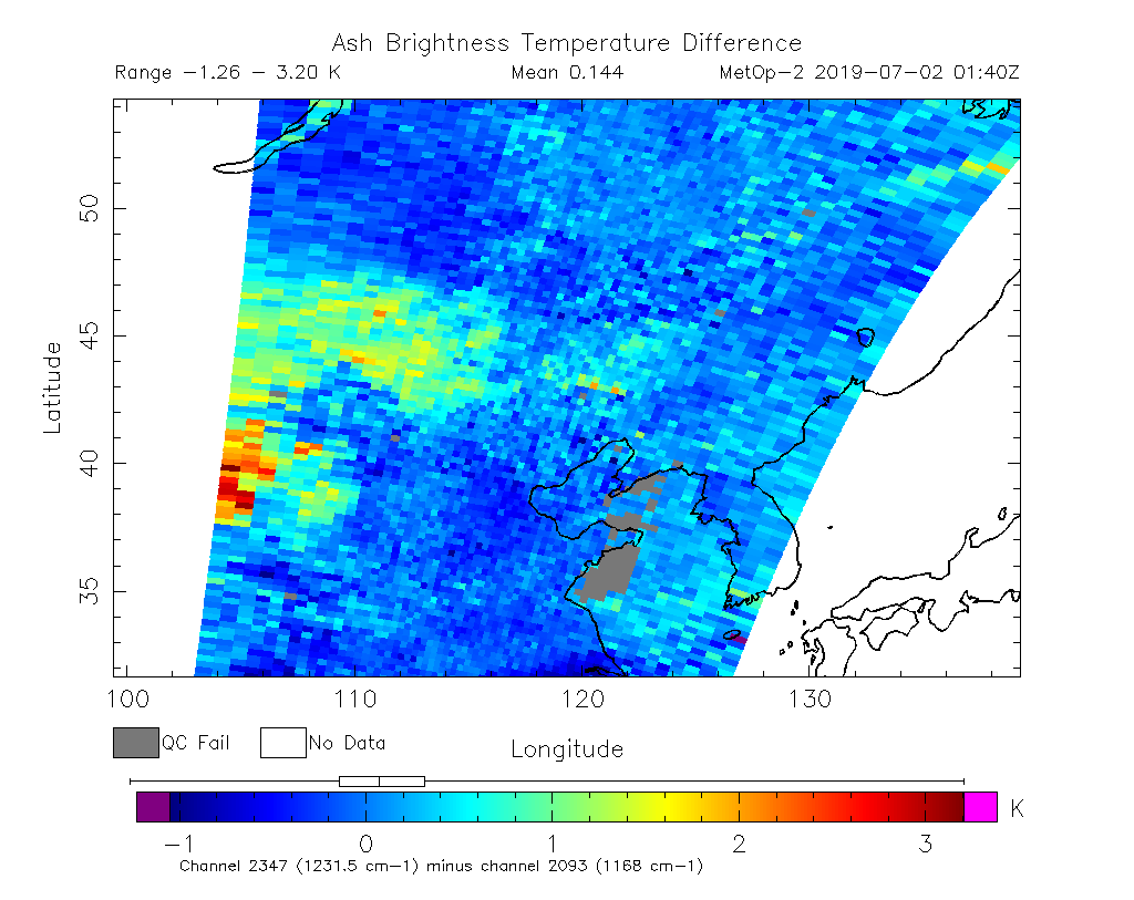 Ash Brightness Temperature Difference 2019-07-02 01:40Z