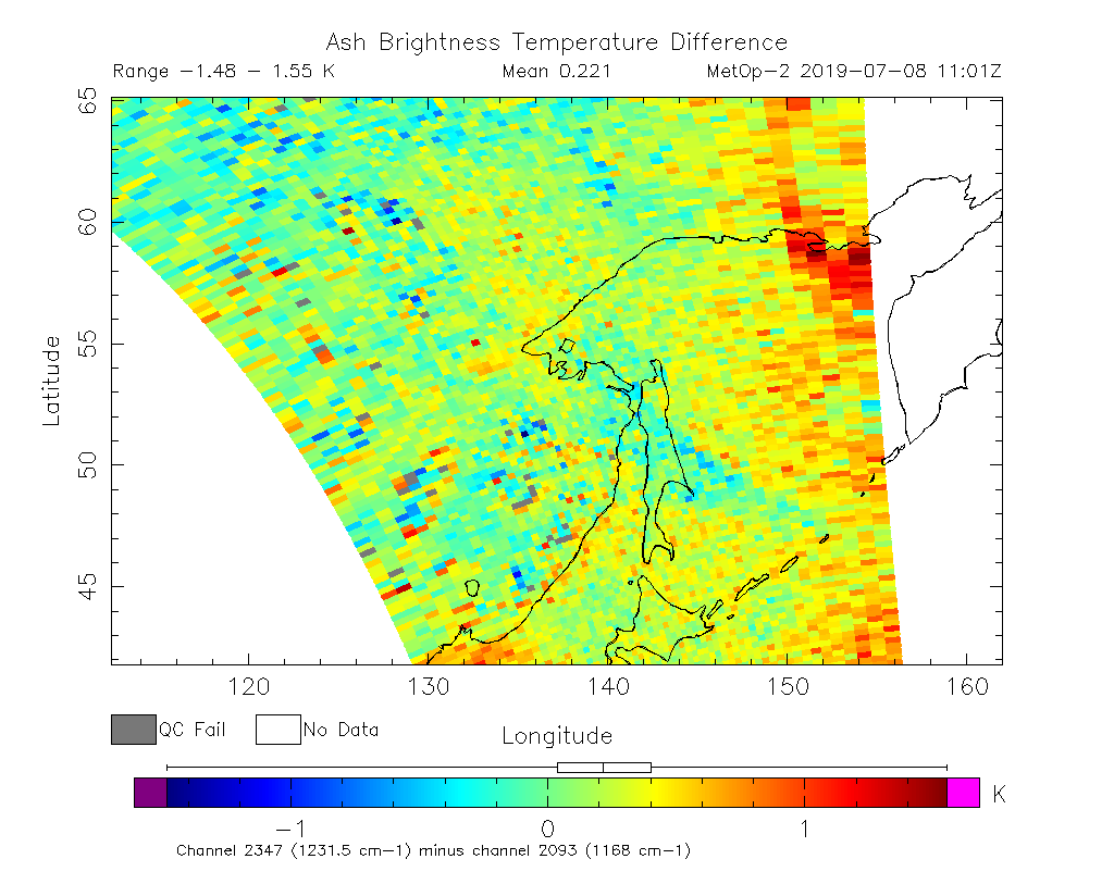Ash Brightness Temperature Difference 2019-07-08 11:01Z