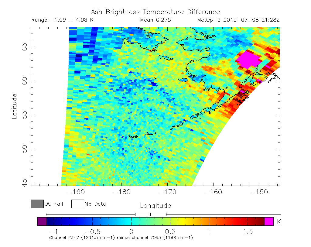 Ash Brightness Temperature Difference 2019-07-08 21:28Z
