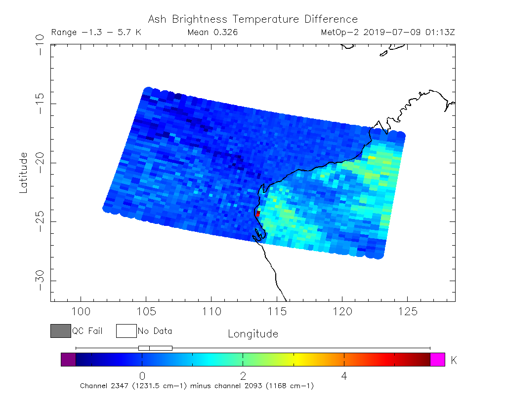 Ash Brightness Temperature Difference 2019-07-09 01:13Z
