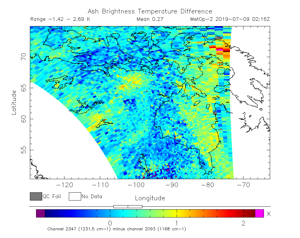 Ash Brightness Temperature Difference 2019-07-09 02:16Z