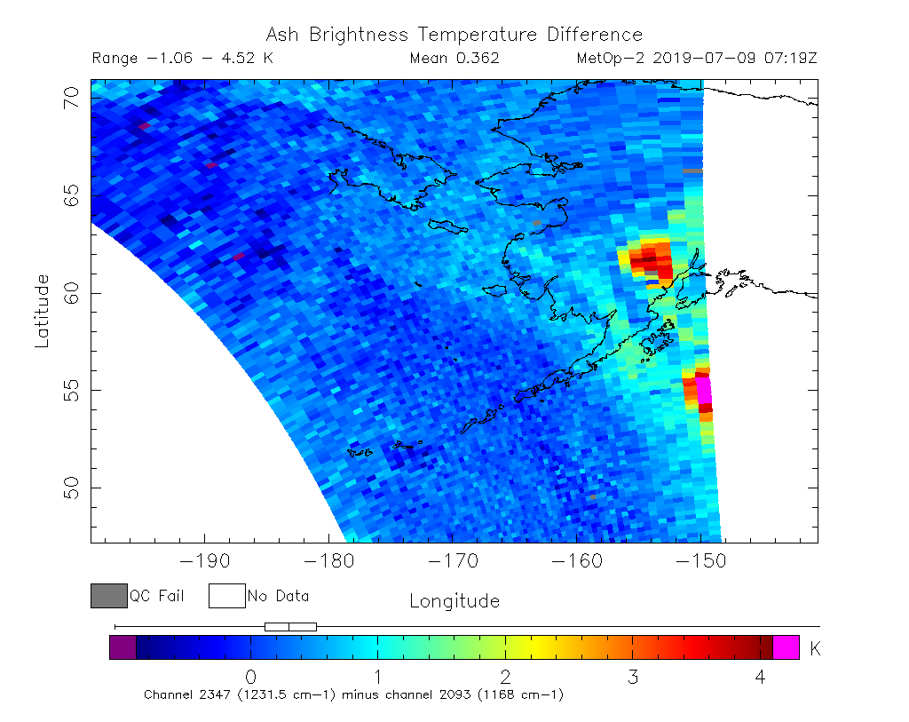 Ash Brightness Temperature Difference 2019-07-09 07:19Z