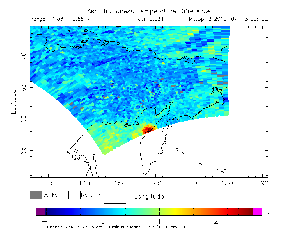 Ash Brightness Temperature Difference 2019-07-13 09:19Z