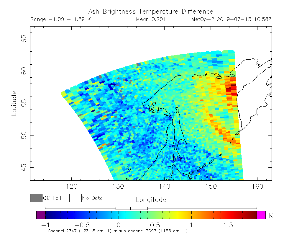 Ash Brightness Temperature Difference 2019-07-13 10:58Z