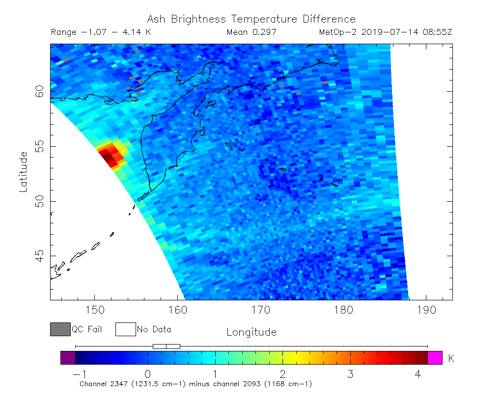 Ash Brightness Temperature Difference 2019-07-14 08:55Z