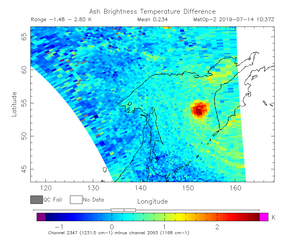 Ash Brightness Temperature Difference 2019-07-14 10:37Z