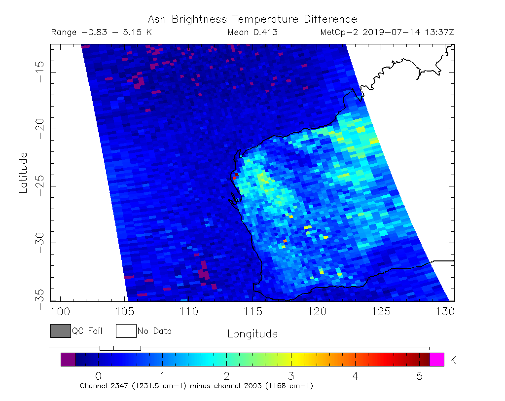 Ash Brightness Temperature Difference 2019-07-14 13:37Z