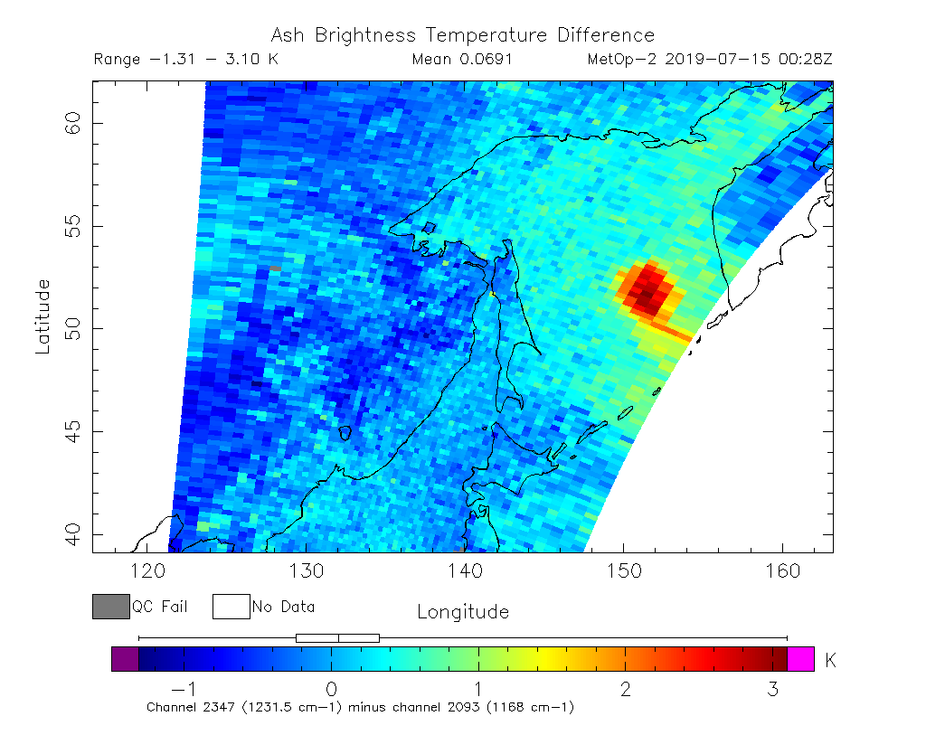 Ash Brightness Temperature Difference 2019-07-15 00:28Z