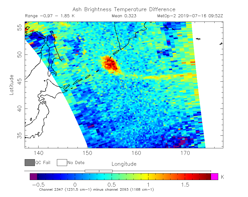 Ash Brightness Temperature Difference 2019-07-16 09:52Z