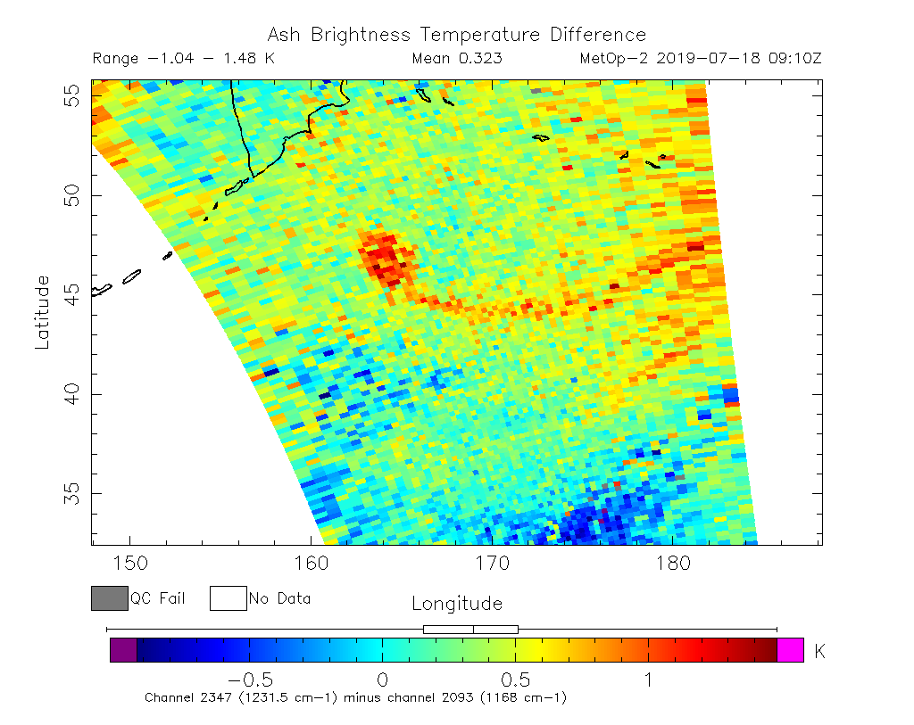 Ash Brightness Temperature Difference 2019-07-18 09:10Z