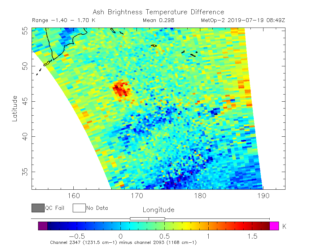 Ash Brightness Temperature Difference 2019-07-19 08:49Z