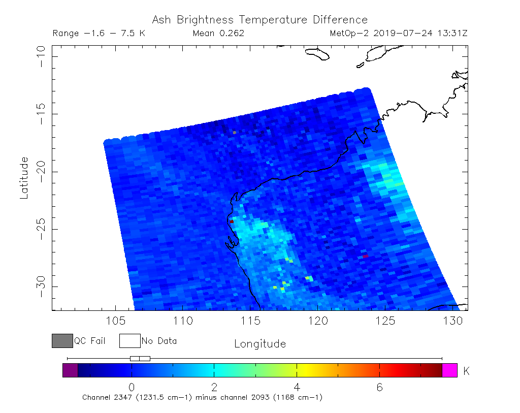 Ash Brightness Temperature Difference 2019-07-24 13:31Z